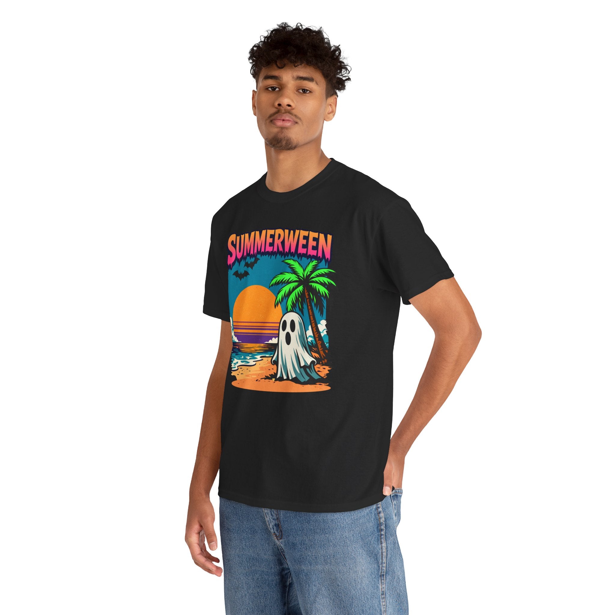 Summerween Beach T-Shirt,  Ghost on Sunset Palm Tropical Halloween Tee