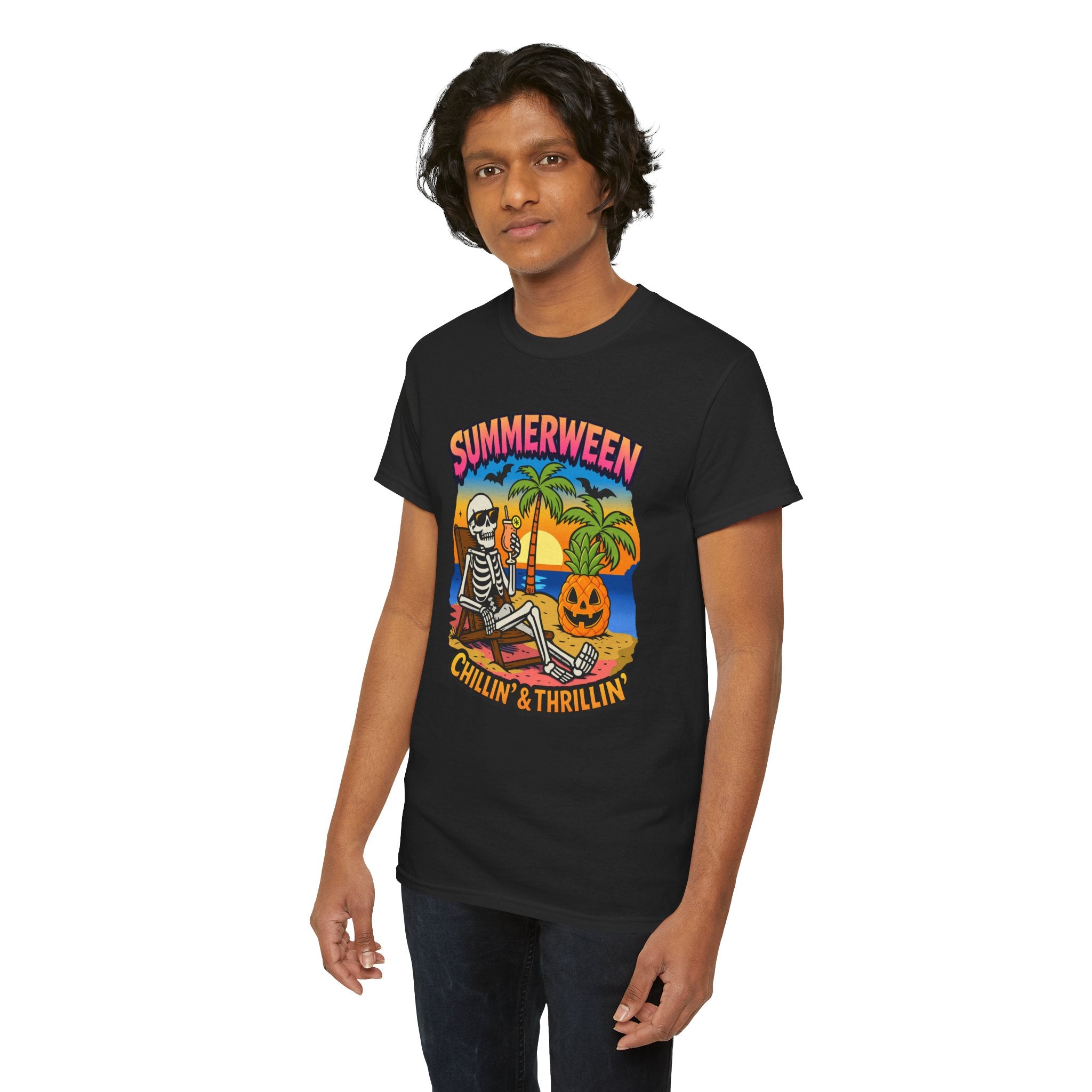 Summerween T-Shirt  "Chillin' & Thrillin'" Skeleton Beach Halloween Tee