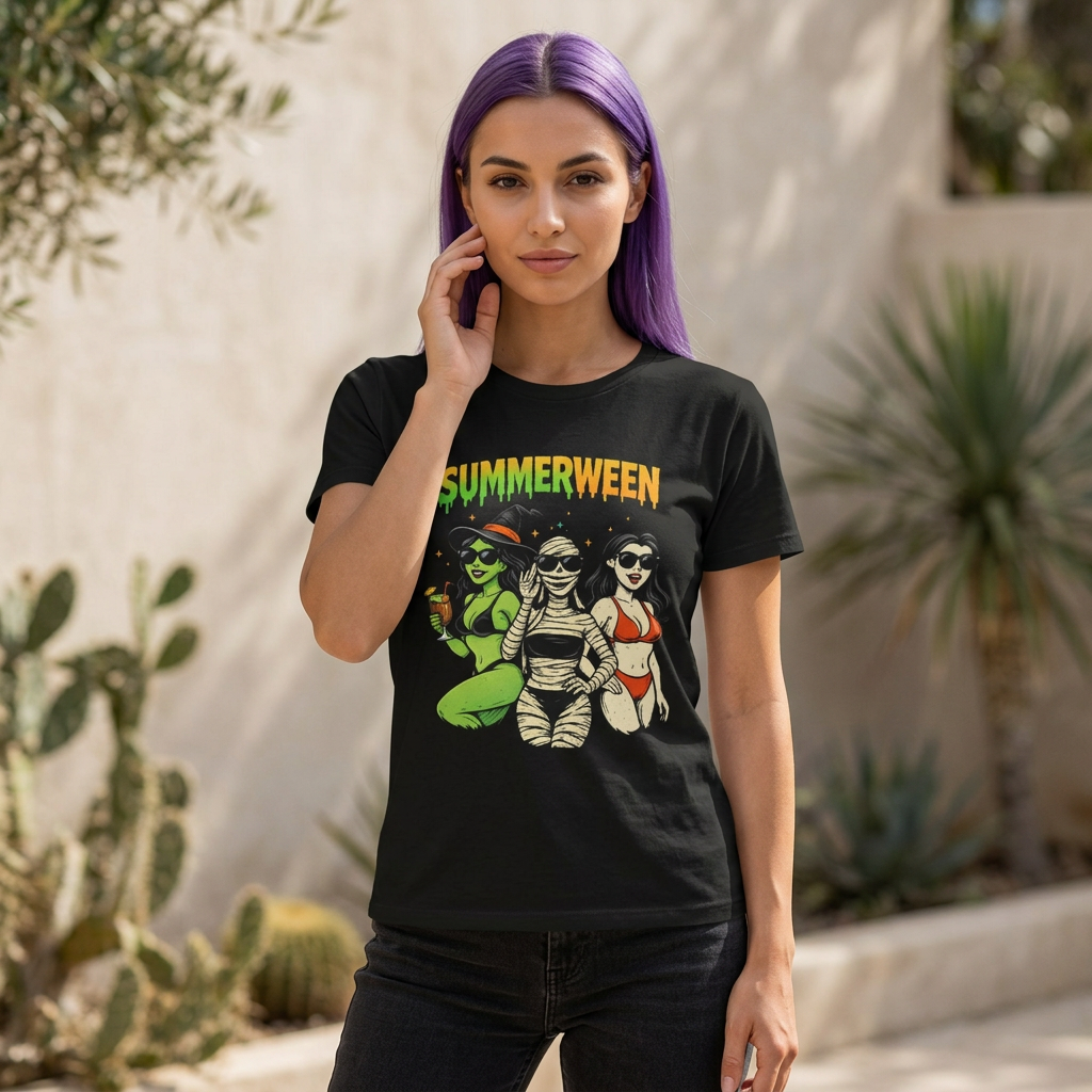 Summerween Spooky Summer Party T-Shirt — Retro Pin-Up Monster Bikini Shirt