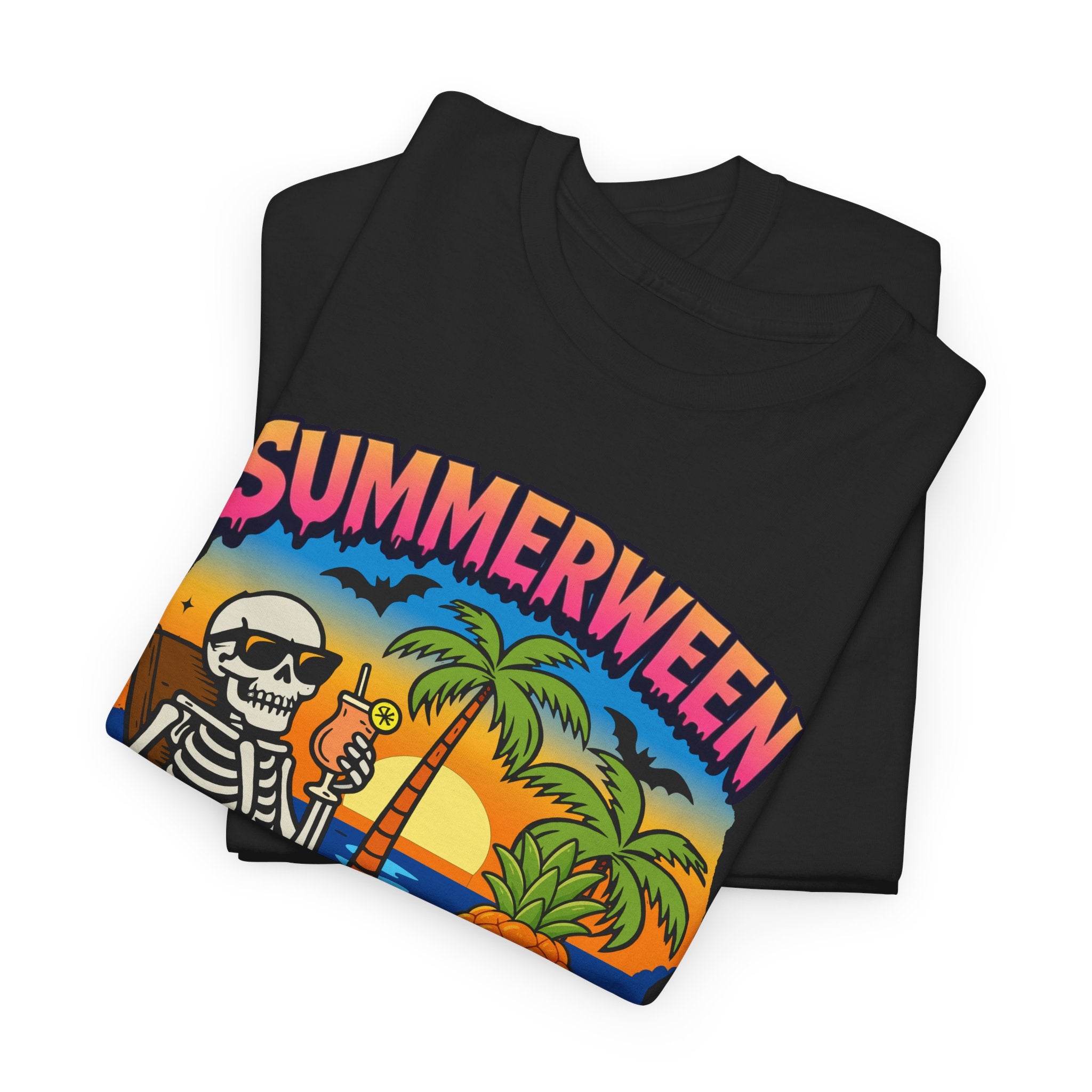 Summerween T-Shirt  "Chillin' & Thrillin'" Skeleton Beach Halloween Tee