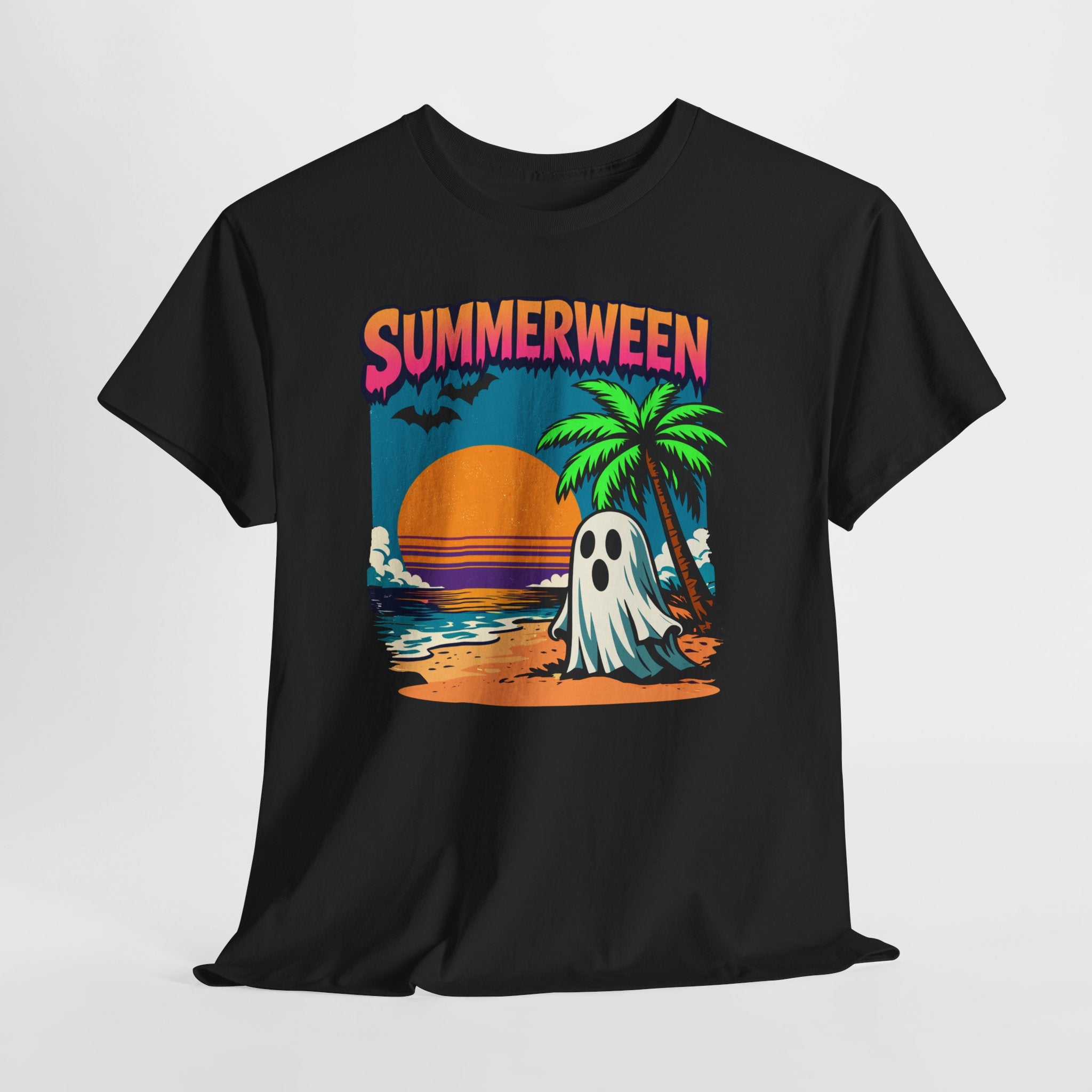 Summerween Beach T-Shirt,  Ghost on Sunset Palm Tropical Halloween Tee