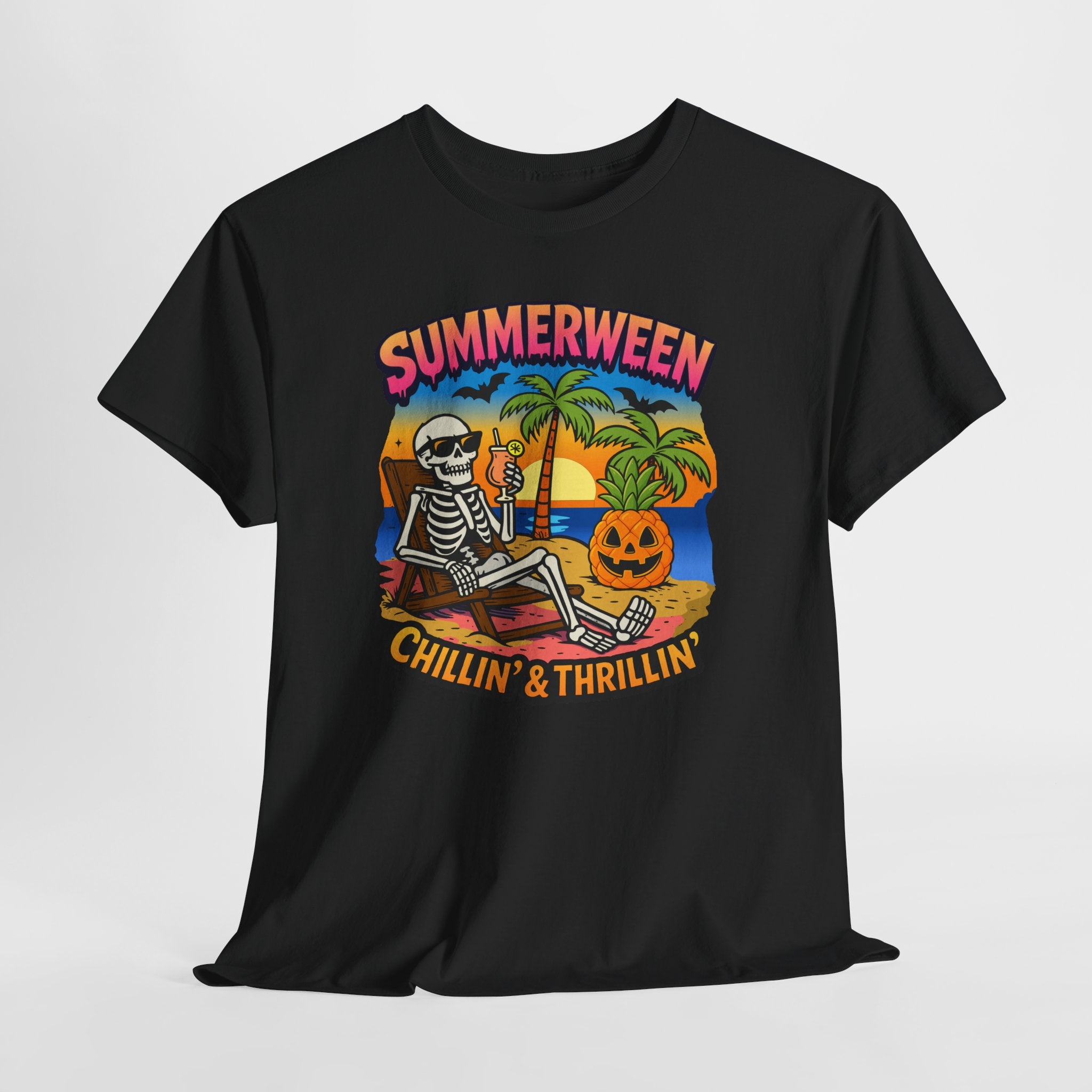 Summerween T-Shirt  "Chillin' & Thrillin'" Skeleton Beach Halloween Tee